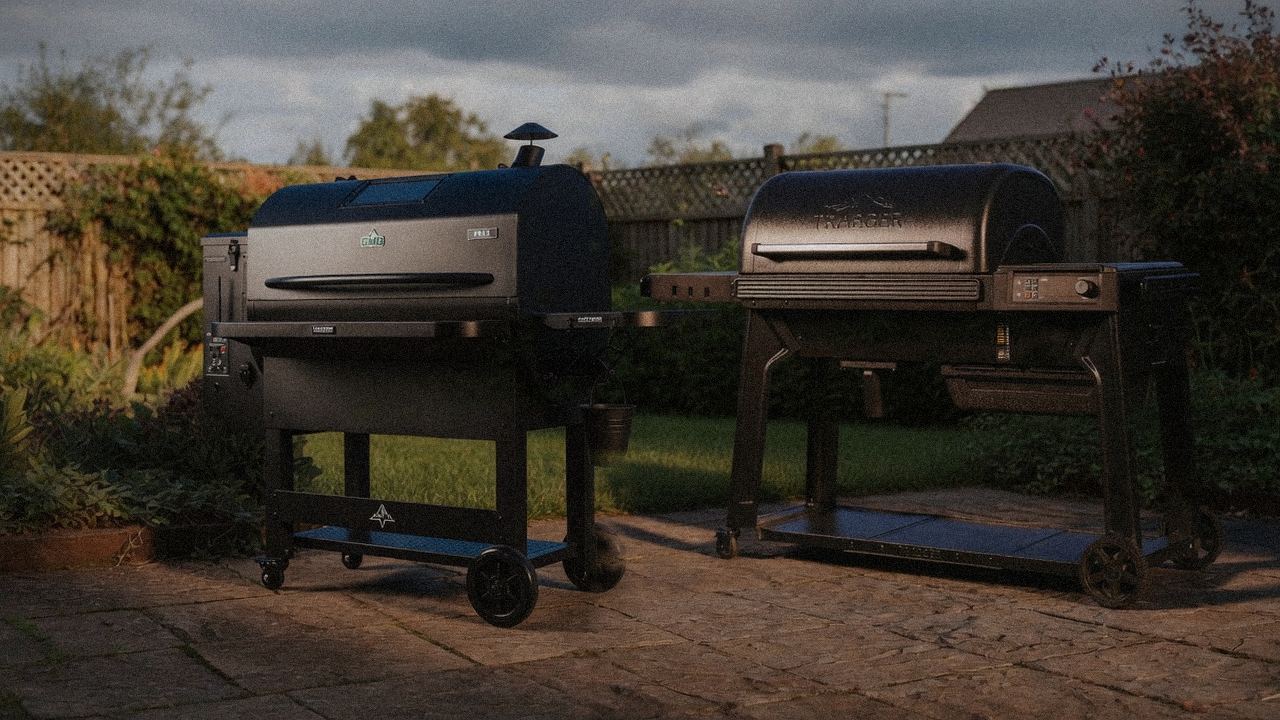 Green Mountain Grills Peak beside Traeger Timberline, editorial product photography