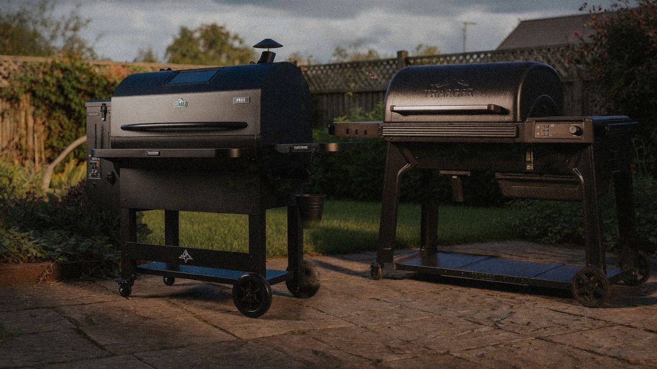 Green Mountain Grills Peak standing next to Traeger Timberline, showing the size and price-tier gap