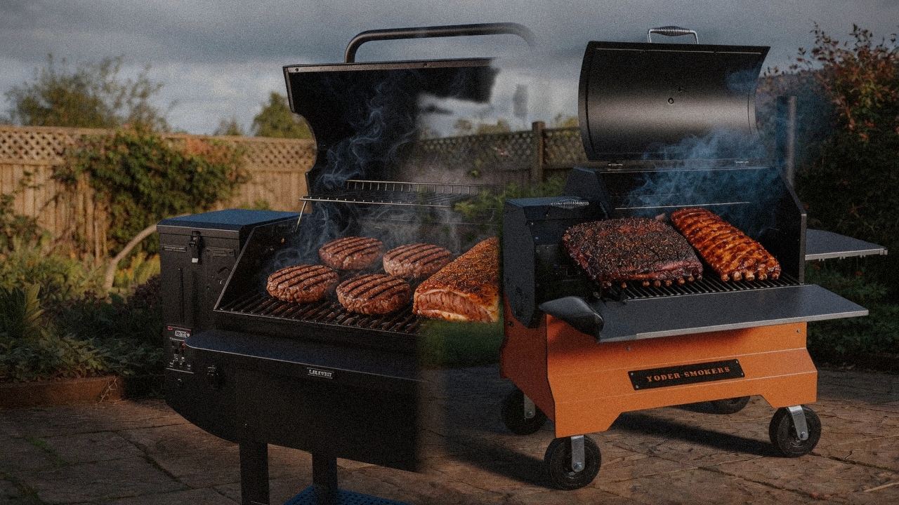 Green Mountain Grills Peak cooking next to Yoder Smokers YS640s, wood pellet grills on the same patio