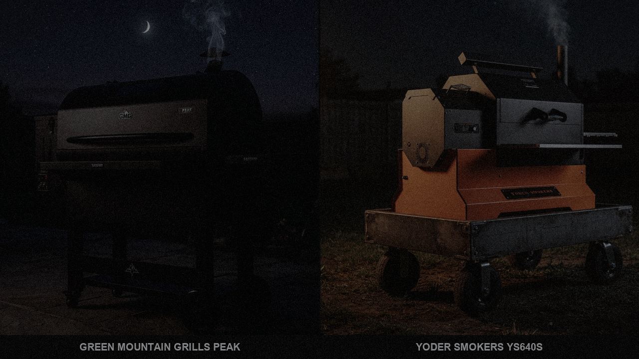 Green Mountain Grills Peak and Yoder Smokers YS640s at night with smoke, wood pellet grills on a dark patio