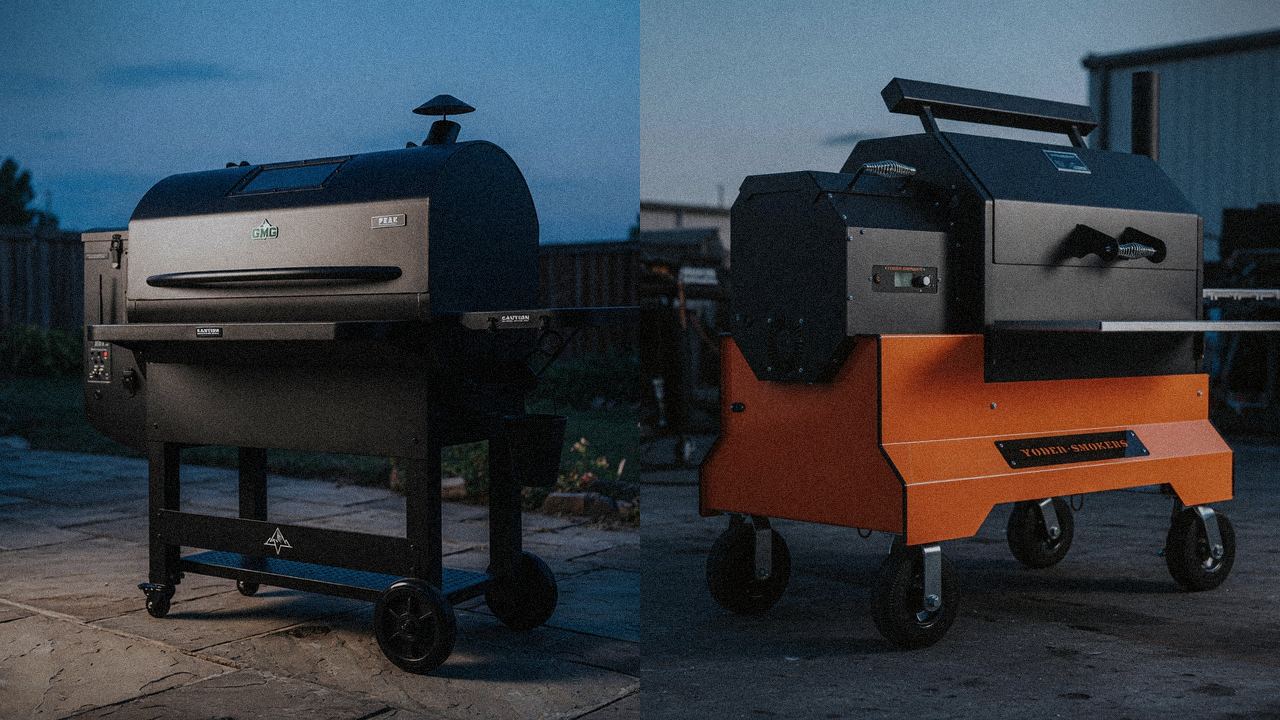 Green Mountain Grills Peak beside Yoder Smokers YS640s, editorial product photography