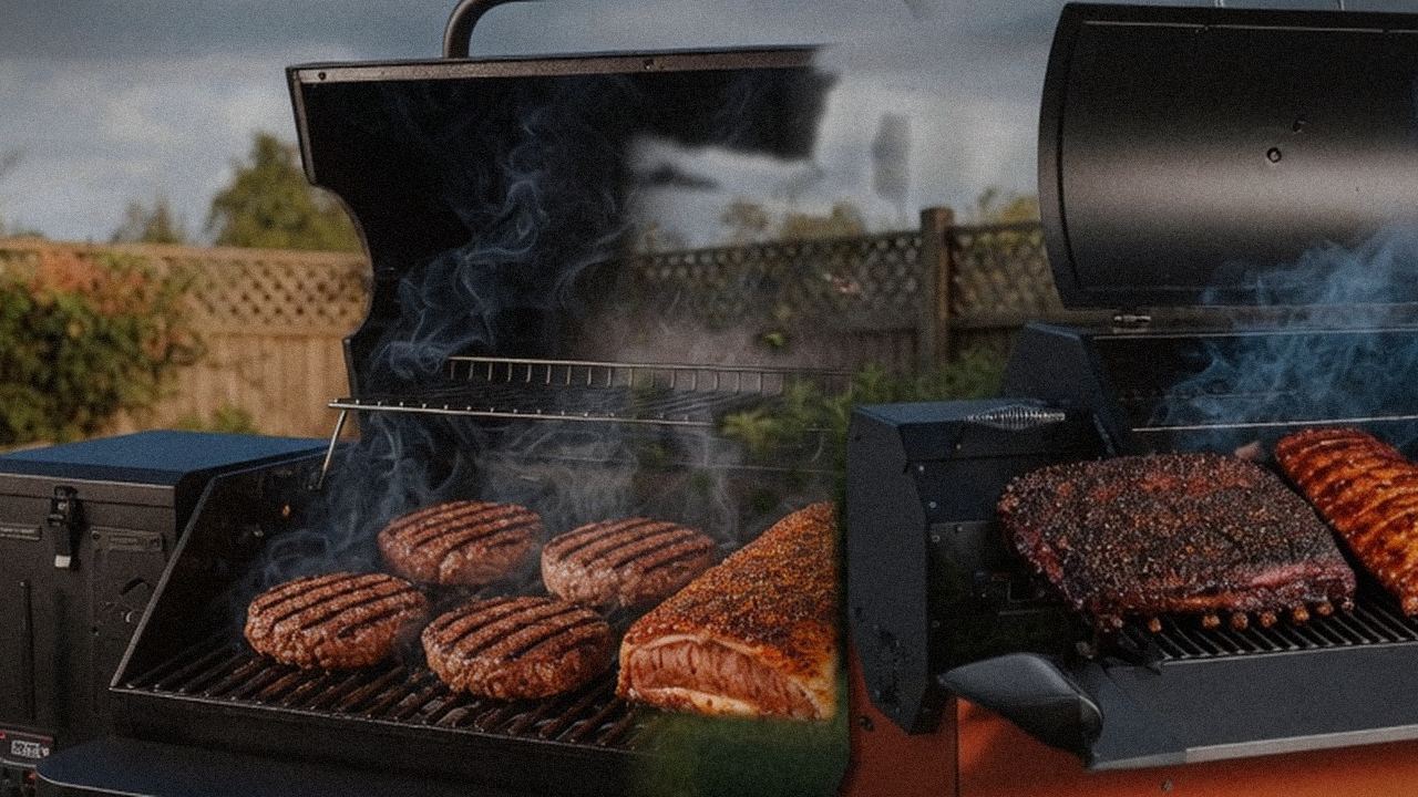 Searing and grate view: Green Mountain Grills Peak next to Yoder Smokers YS640s