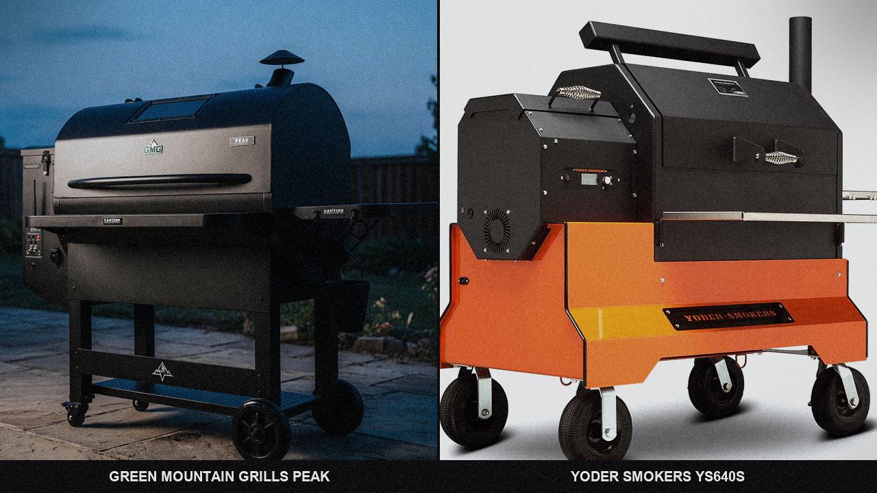 Green Mountain Grills Peak standing next to Yoder Smokers YS640s, showing the size and price-tier gap