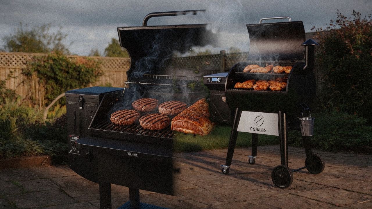 Green Mountain Grills Peak cooking next to Z Grills 700 Series (ZPG-7002), wood pellet grills on the same patio
