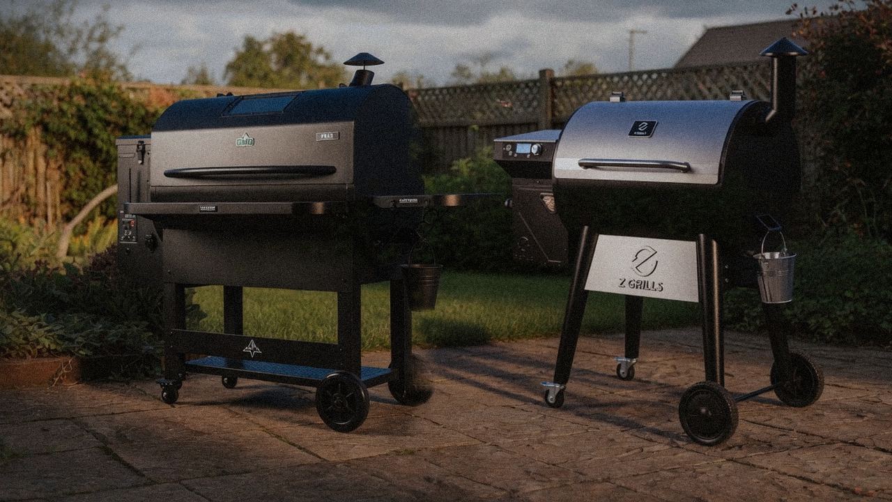 Green Mountain Grills Peak standing next to Z Grills 700 Series (ZPG-7002), showing the size and price-tier gap