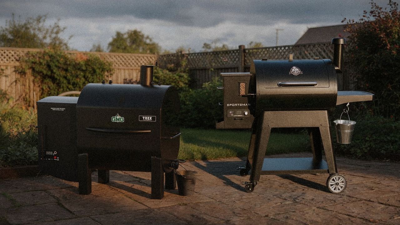 Green Mountain Grills Trek beside Pit Boss Navigator 850, editorial product photography