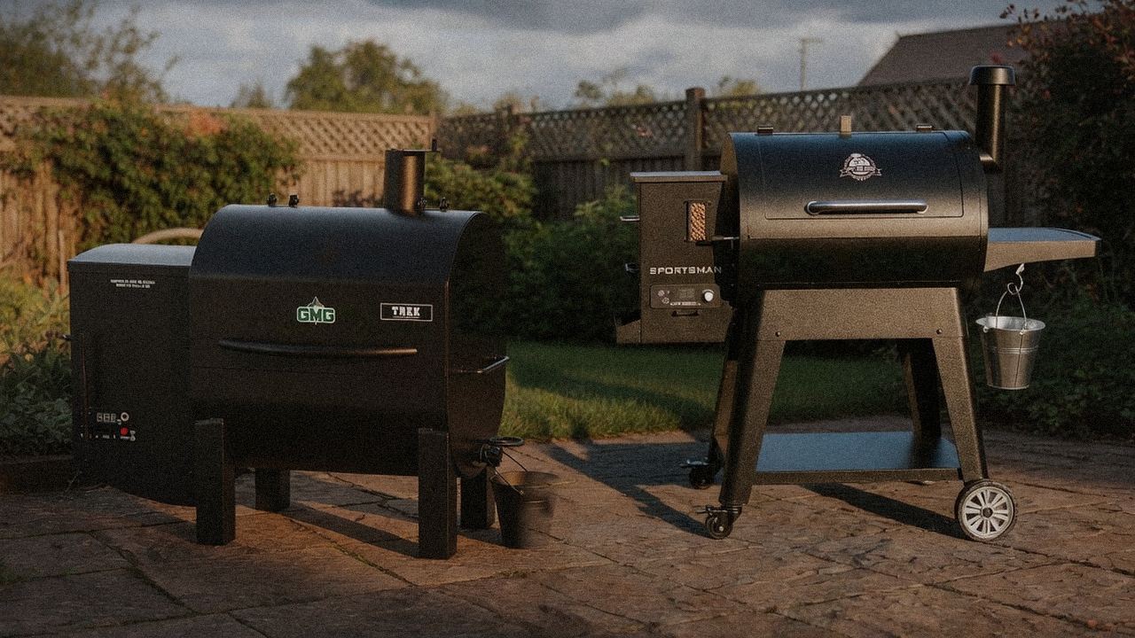 Green Mountain Grills Trek standing next to Pit Boss Navigator 850, showing the size and price-tier gap