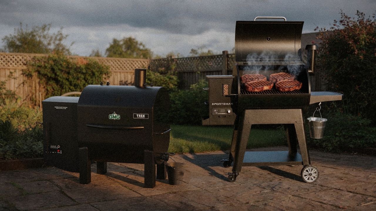 Green Mountain Grills Trek cooking next to Pit Boss Sportsman, wood pellet grills on the same patio