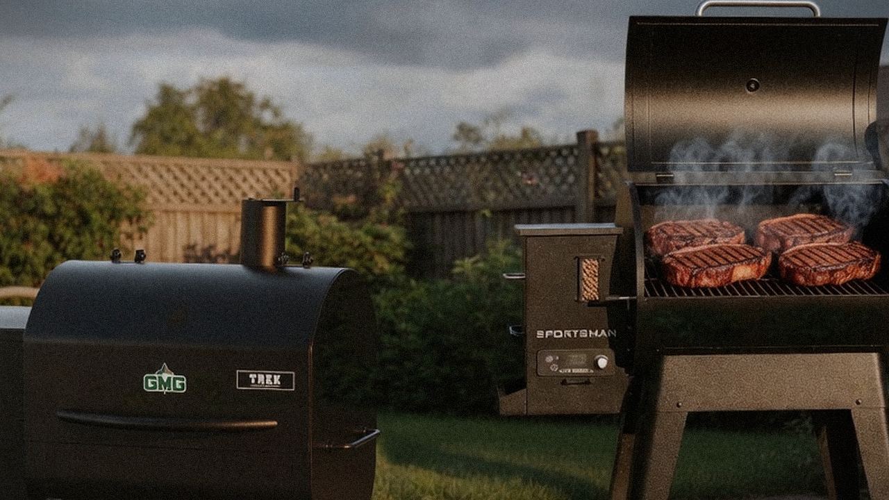 Searing and grate view: Green Mountain Grills Trek next to Pit Boss Sportsman