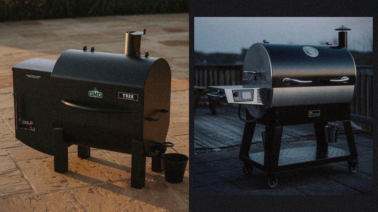 Green Mountain Grills Trek beside recteq X-Fire Pro 825, editorial product photography