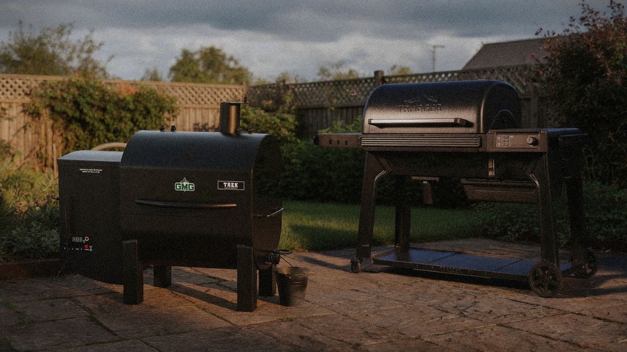 Green Mountain Grills Trek beside Traeger Ironwood, editorial product photography