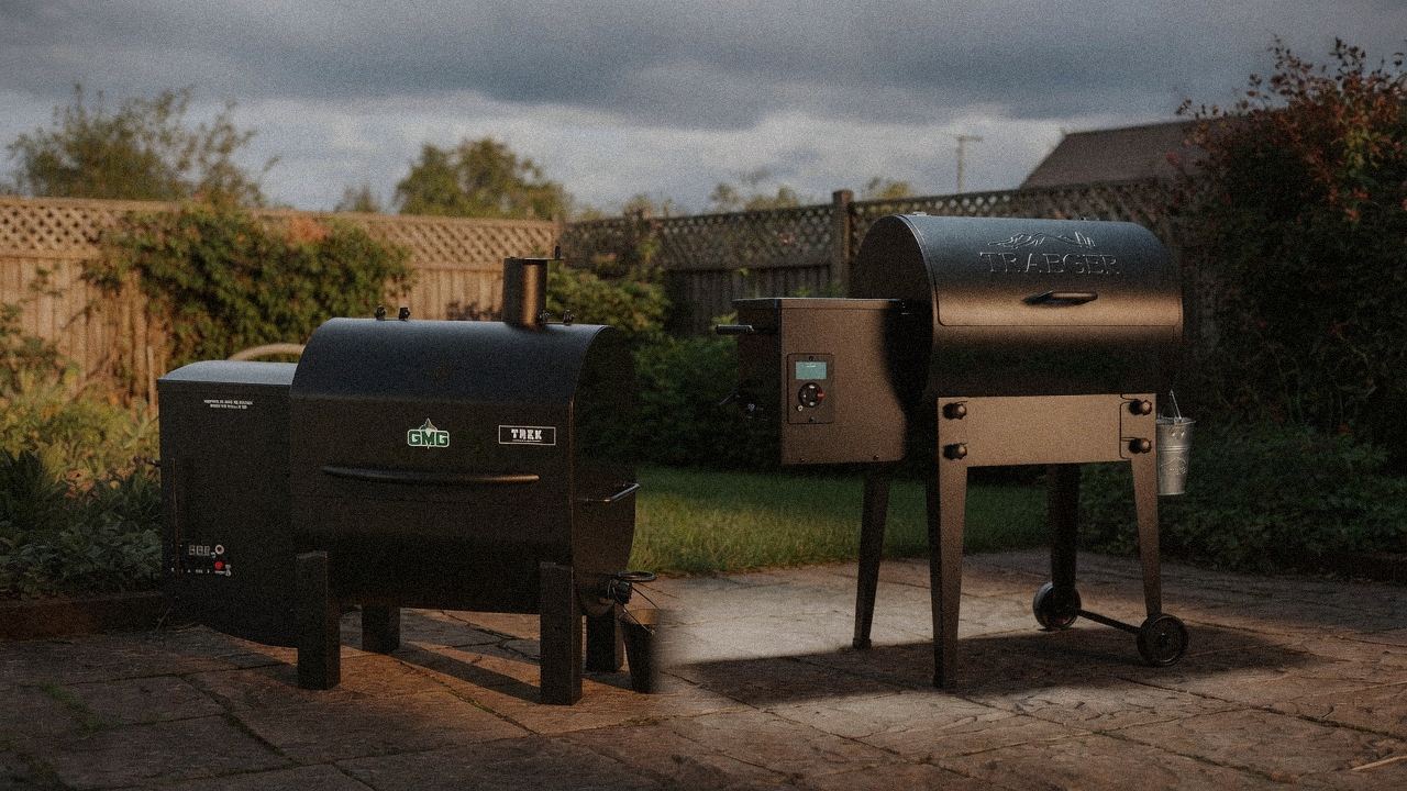 Green Mountain Grills Trek cooking next to Traeger Tailgater 20, wood pellet grills on the same patio
