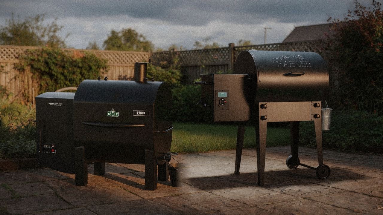 Green Mountain Grills Trek beside Traeger Tailgater 20, editorial product photography