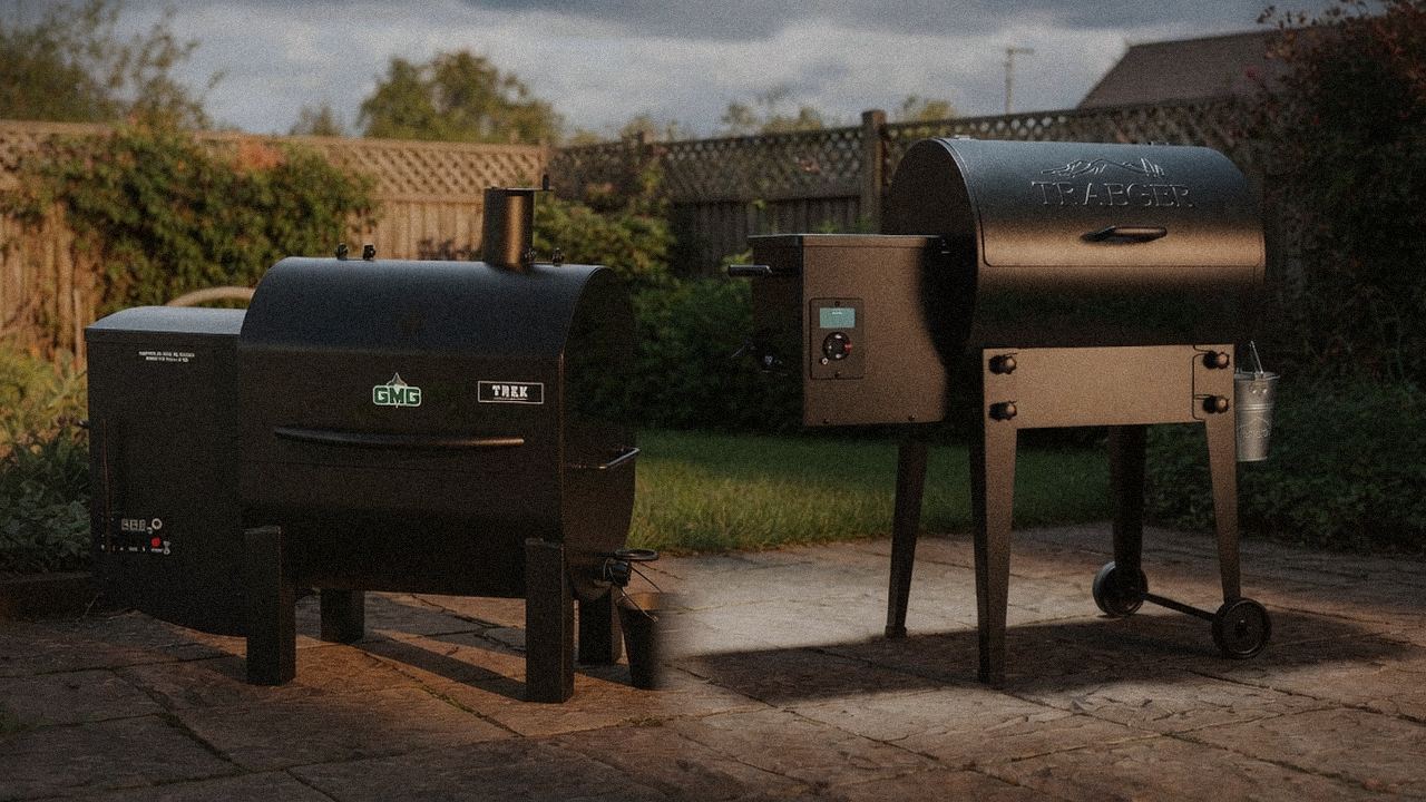Green Mountain Grills Trek standing next to Traeger Tailgater 20, showing the size and price-tier gap
