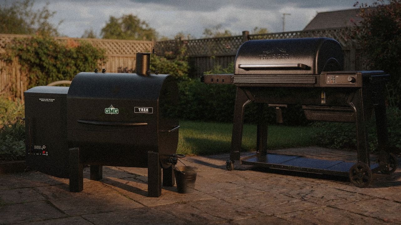 Green Mountain Grills Trek standing next to Traeger Woodridge Pro, showing the size and price-tier gap