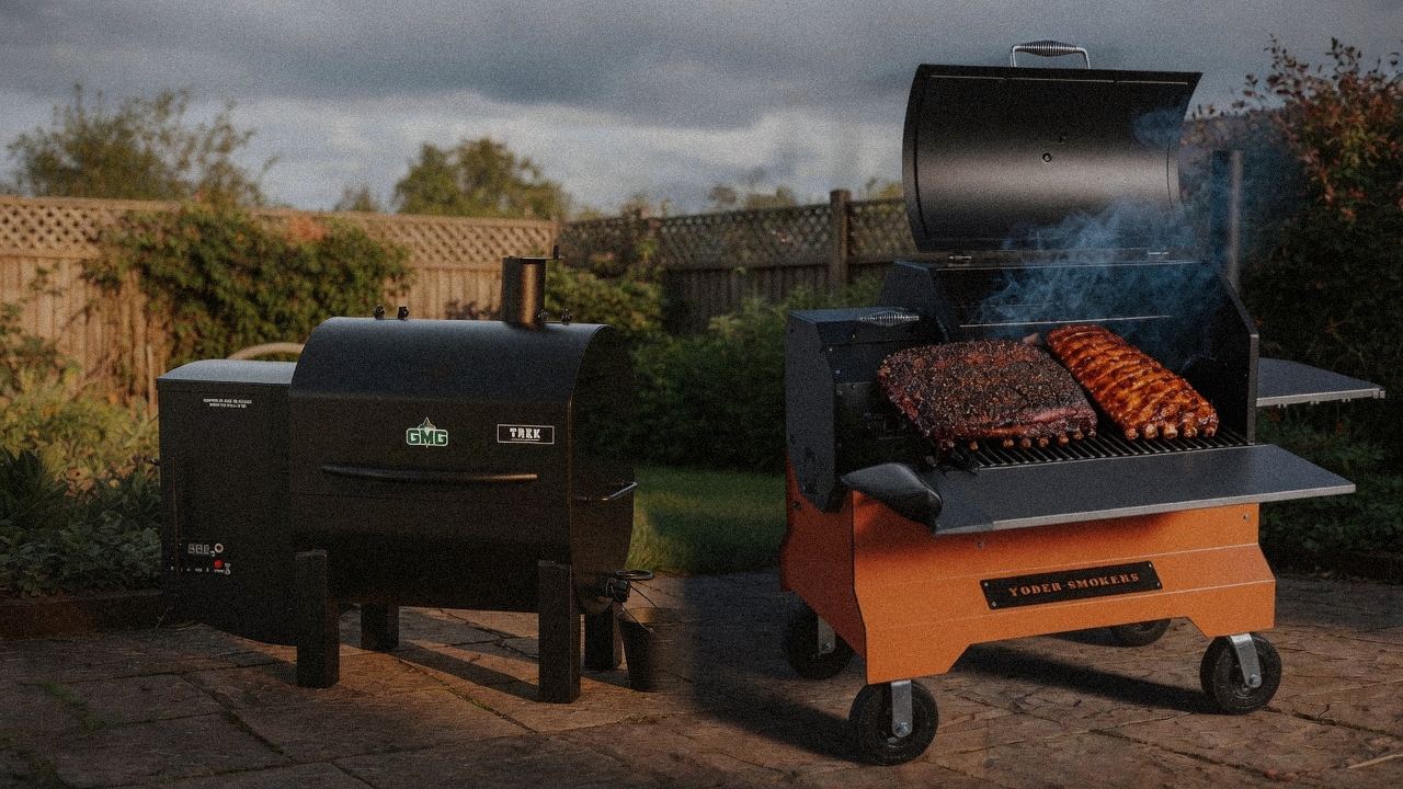 Green Mountain Grills Trek cooking next to Yoder Smokers YS640s, wood pellet grills on the same patio