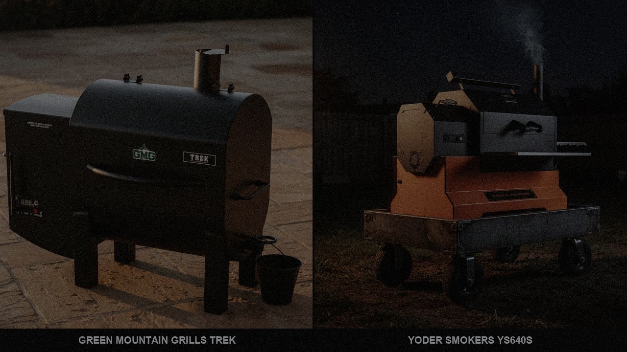 Green Mountain Grills Trek and Yoder Smokers YS640s at night with smoke, wood pellet grills on a dark patio