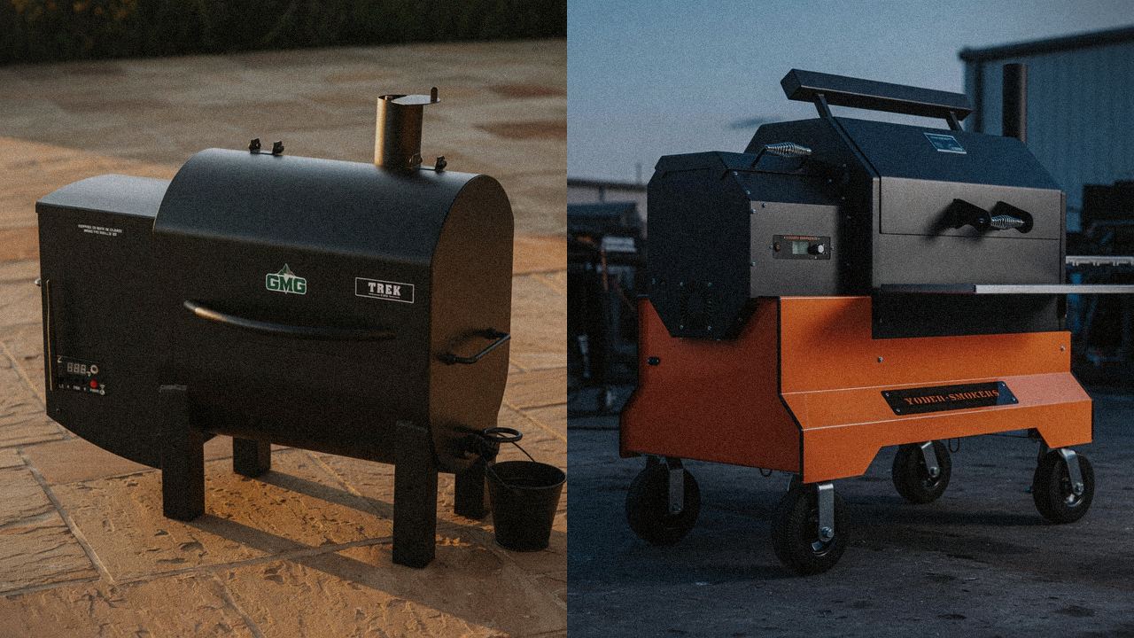 Green Mountain Grills Trek beside Yoder Smokers YS640s, editorial product photography