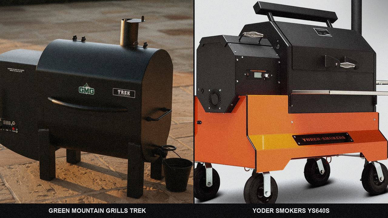 Green Mountain Grills Trek standing next to Yoder Smokers YS640s, showing the size and price-tier gap