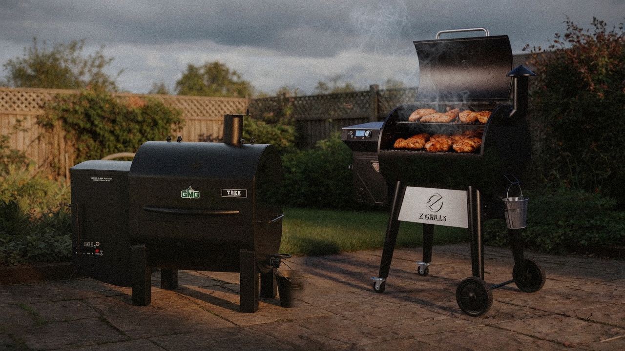 Green Mountain Grills Trek cooking next to Z Grills 700 Series (ZPG-7002), wood pellet grills on the same patio