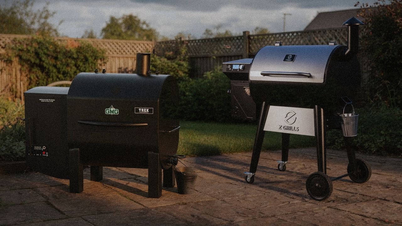 Green Mountain Grills Trek standing next to Z Grills 700 Series (ZPG-7002), showing the size and price-tier gap