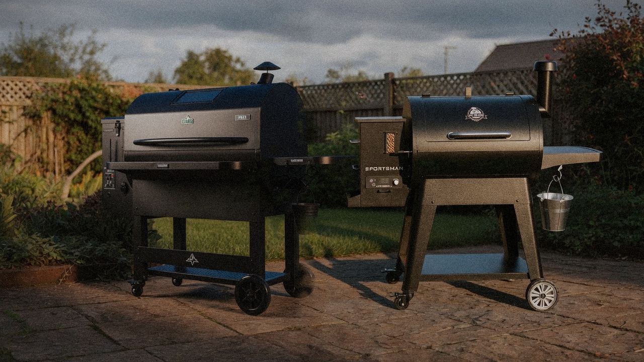 GMG Peak Prime 2.0 beside Pit Boss Sportsman, official product photography on a dark steel panel