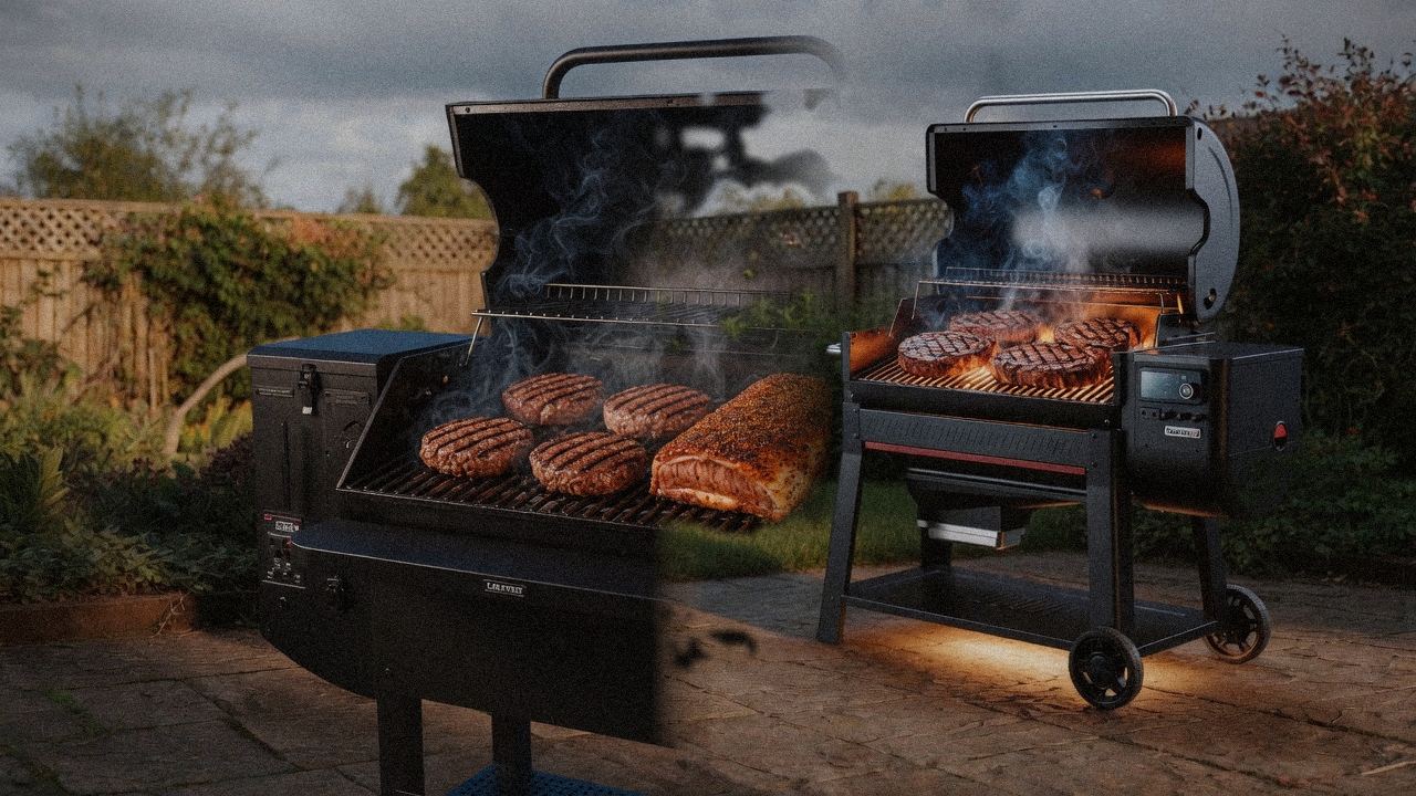 GMG Peak Prime 2.0 beside Weber Searwood XL 600, official product photography on a dark steel panel