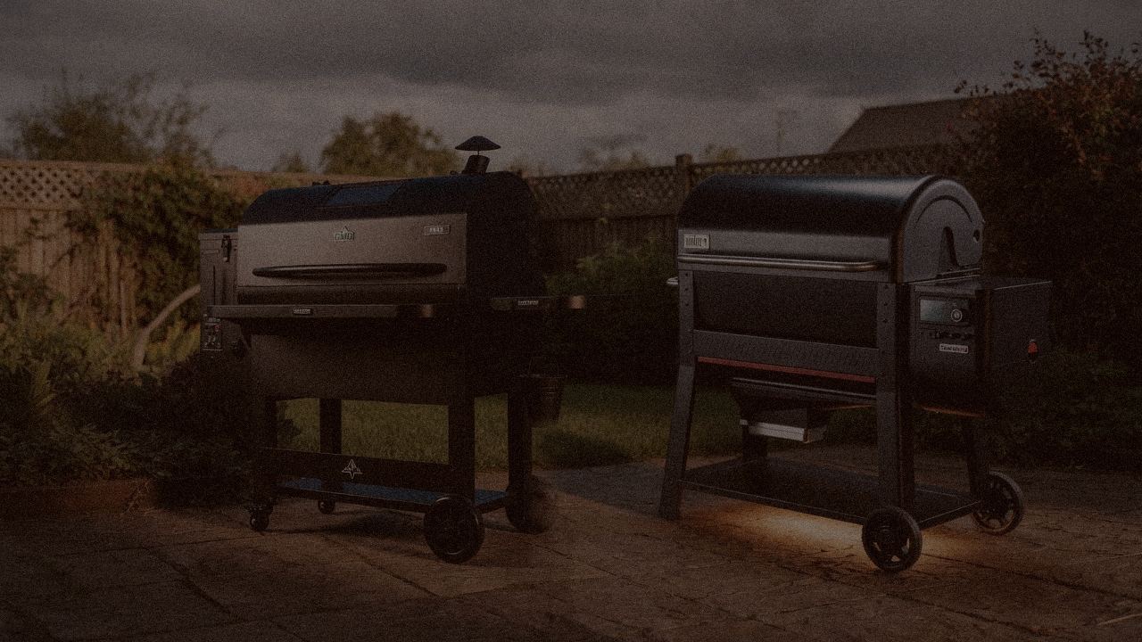 GMG Peak Prime 2.0 versus Weber Searwood XL 600 on a dusk patio