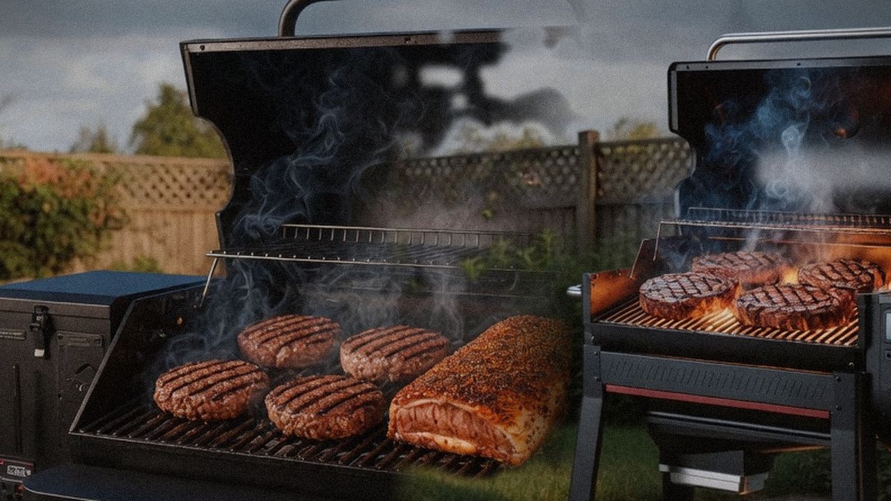 GMG Peak Prime 2.0 beside Weber Searwood XL 600, official product photography on a dark steel panel