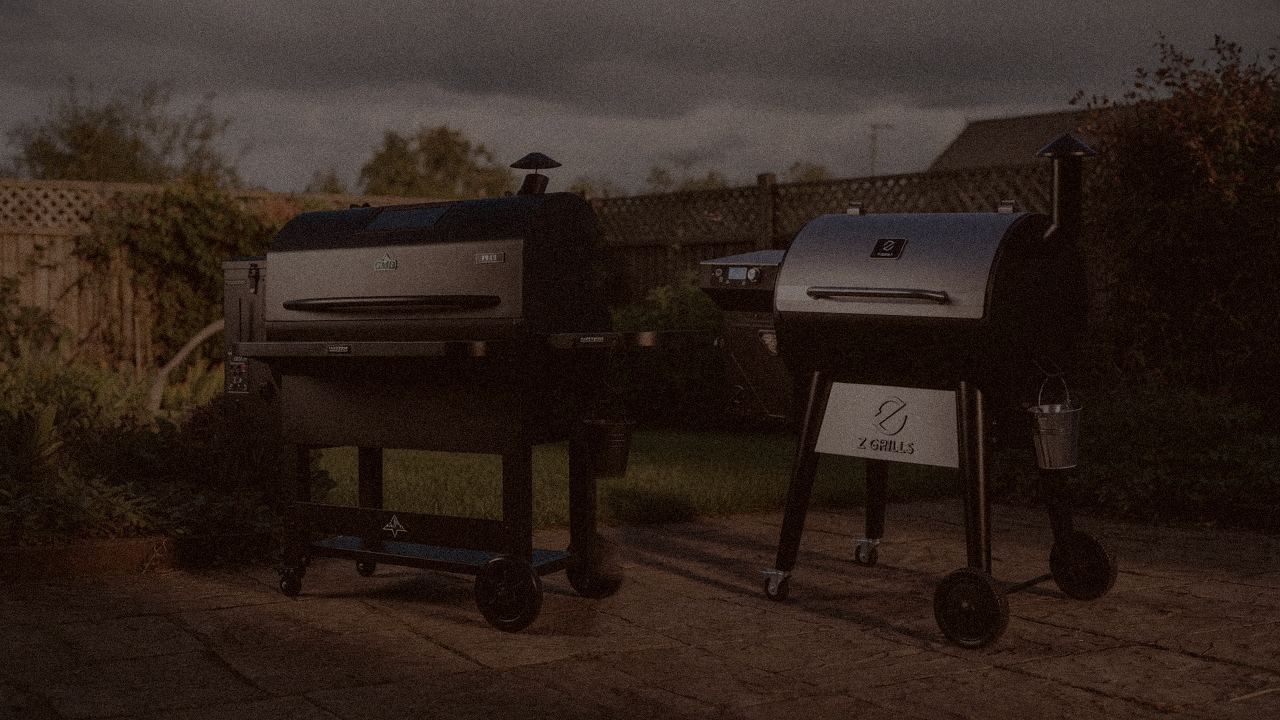 GMG Peak Prime 2.0 beside Z Grills 700 Series, official product photography on a dark steel panel