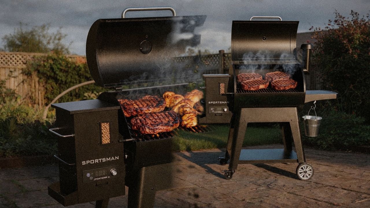 Pit Boss Navigator 850 cooking next to Pit Boss Sportsman, wood pellet grills on the same patio