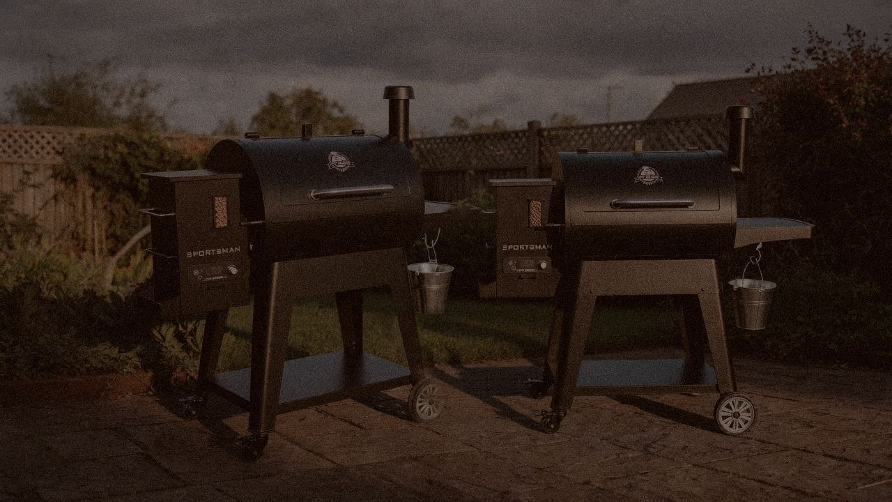 Pit Boss Navigator 850 and Pit Boss Sportsman at night with smoke, wood pellet grills on a dark patio