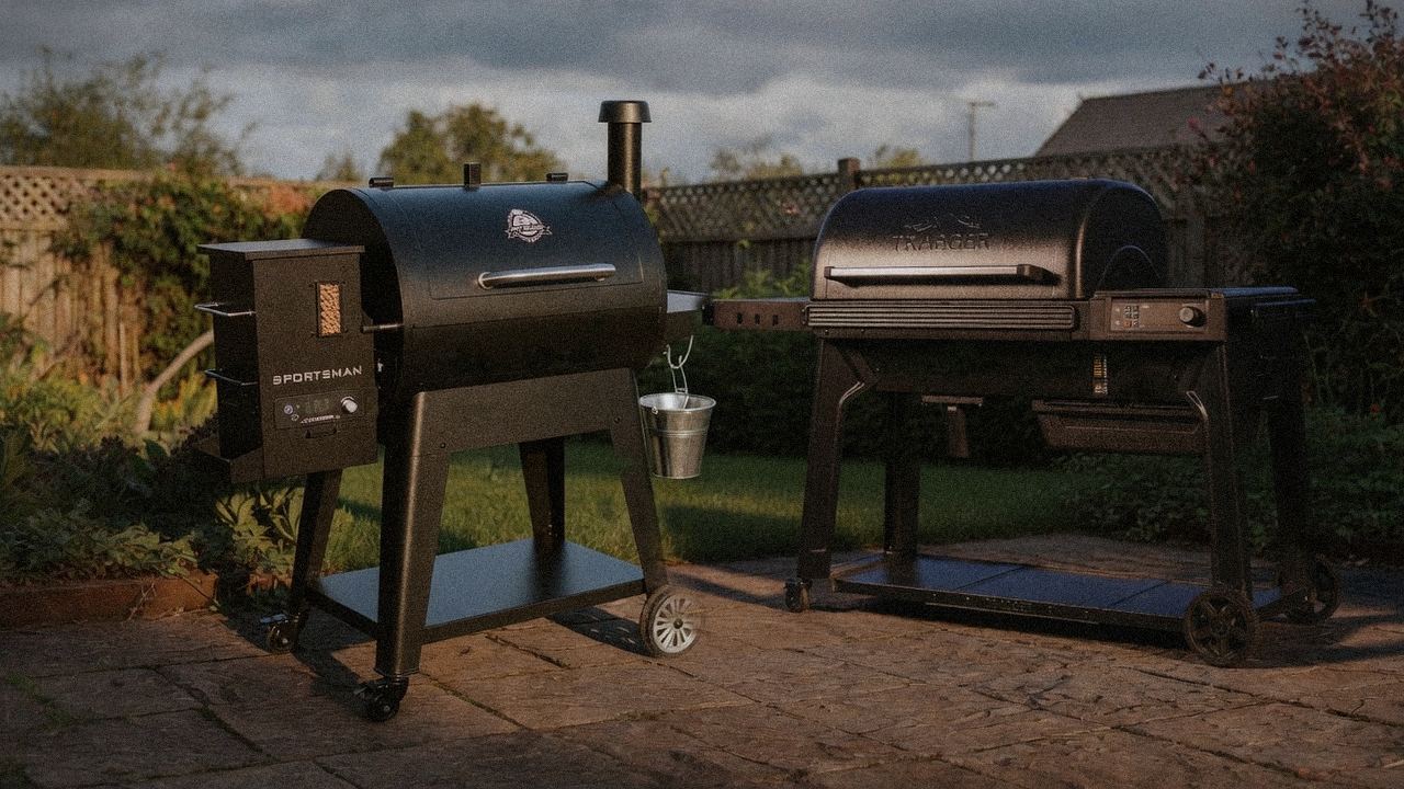 Pit Boss Navigator 850 beside Traeger Pro 780, editorial product photography