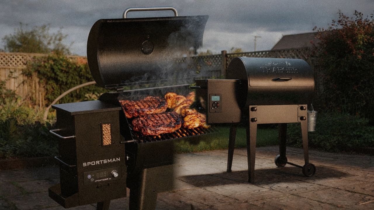 Pit Boss Navigator 850 cooking next to Traeger Tailgater 20, wood pellet grills on the same patio