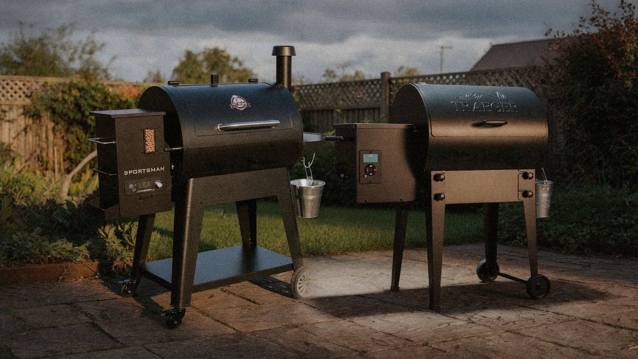 Pit Boss Navigator 850 beside Traeger Tailgater 20, editorial product photography