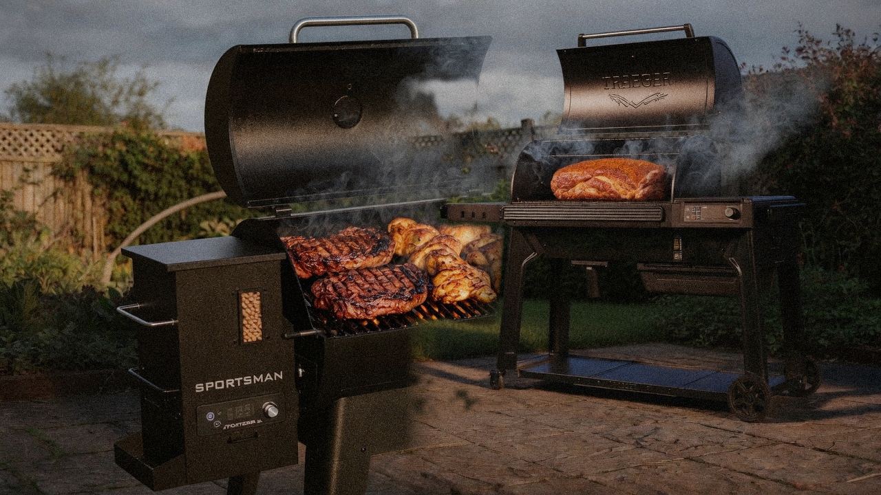 Pit Boss Navigator 850 cooking next to Traeger Timberline, wood pellet grills on the same patio