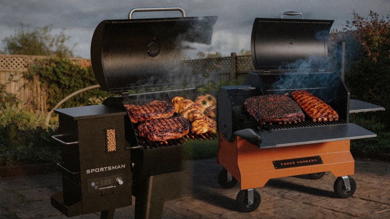 Pit Boss Navigator 850 cooking next to Yoder Smokers YS640s, wood pellet grills on the same patio
