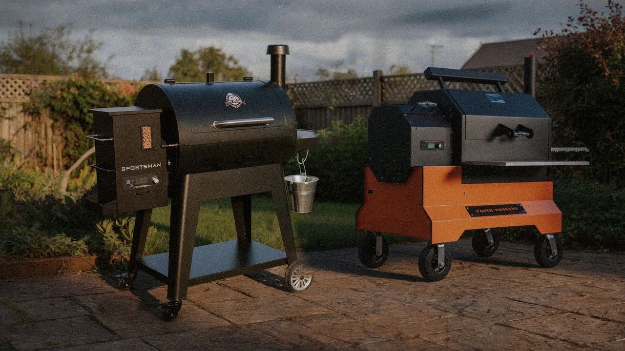 Pit Boss Navigator 850 beside Yoder Smokers YS640s, editorial product photography