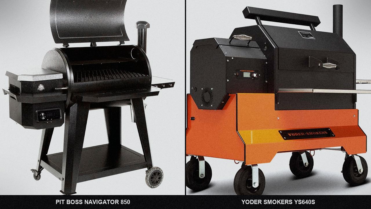 Pit Boss Navigator 850 standing next to Yoder Smokers YS640s, showing the size and price-tier gap
