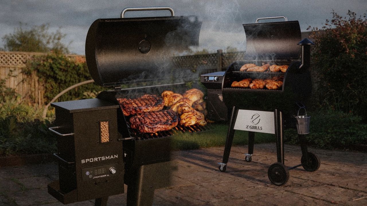 Pit Boss Navigator 850 cooking next to Z Grills 700 Series (ZPG-7002), wood pellet grills on the same patio