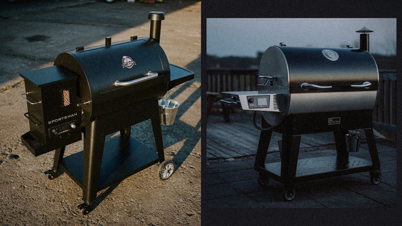 Pit Boss Sportsman beside recteq Bullseye Deluxe, editorial product photography