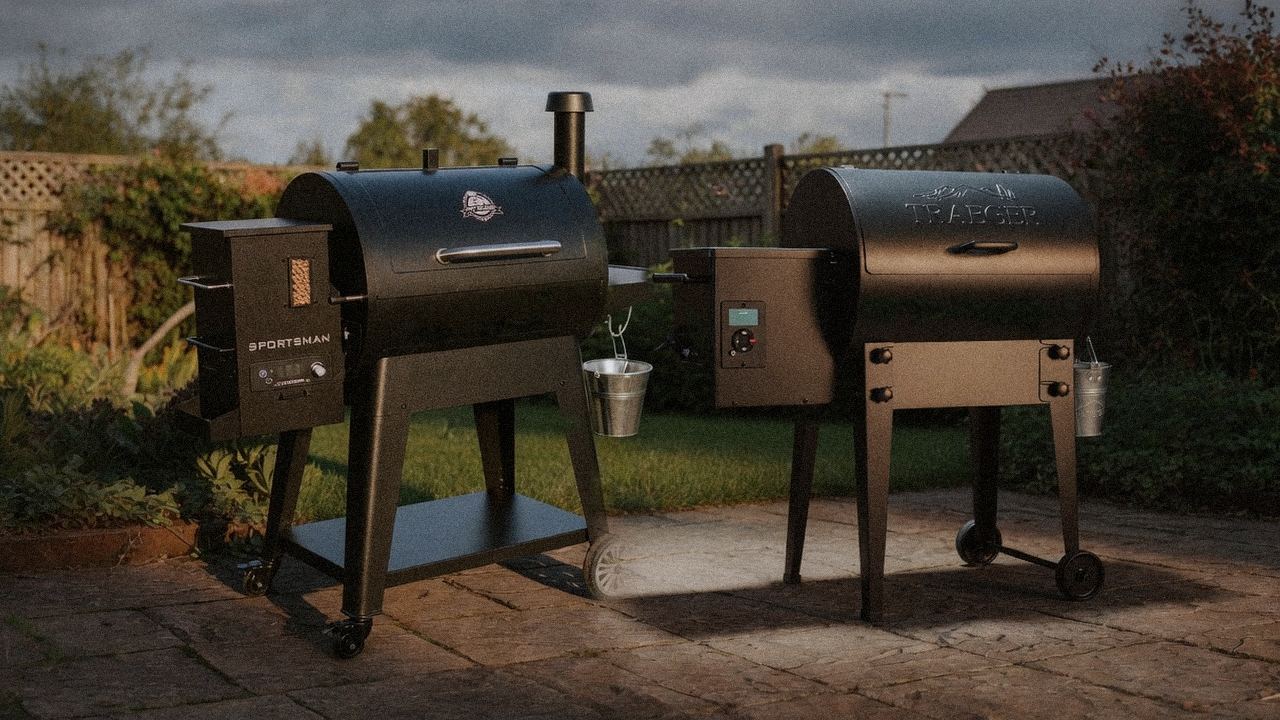 Pit Boss Sportsman beside Traeger Tailgater 20, editorial product photography