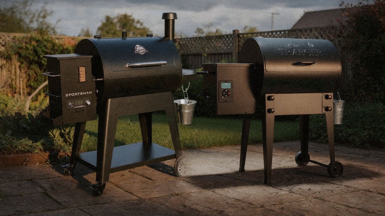 Pit Boss Sportsman standing next to Traeger Tailgater 20, showing the size and price-tier gap
