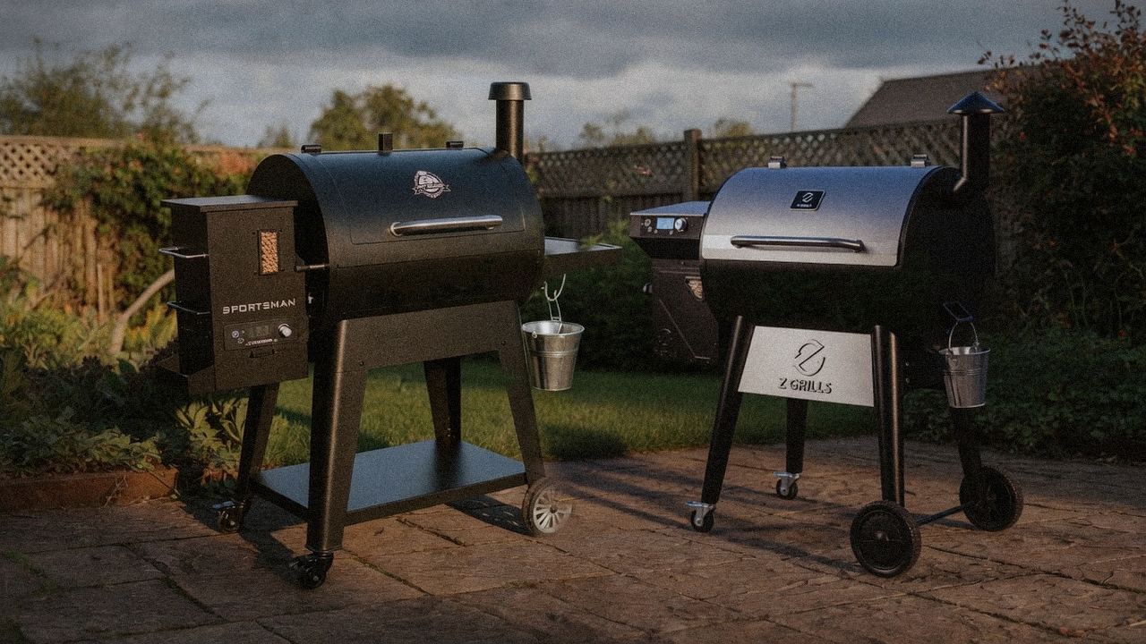Pit Boss Sportsman beside Z Grills 700 Series (ZPG-7002), editorial product photography
