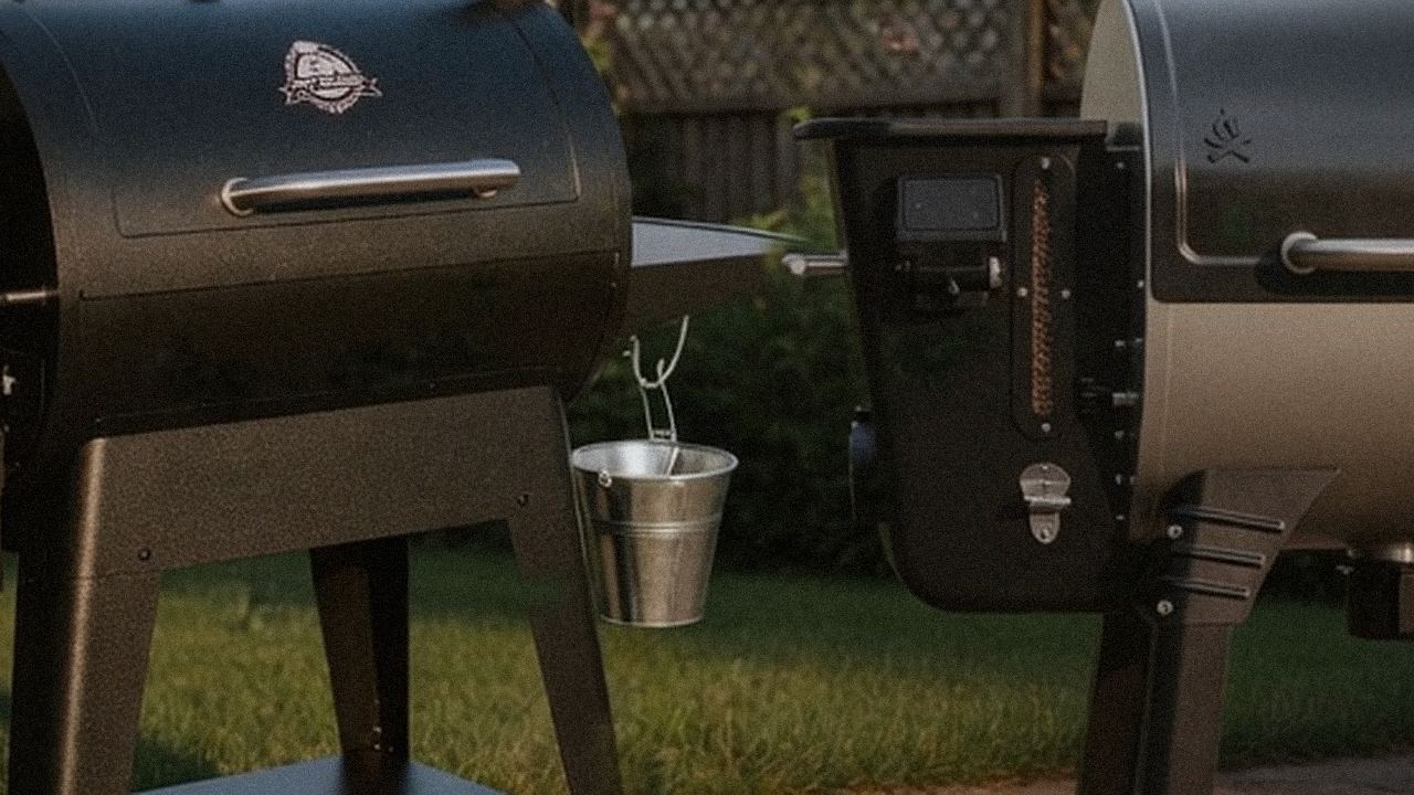 Pit Boss Sportsman beside Camp Chef Woodwind Pro, official product photography on a dark steel panel