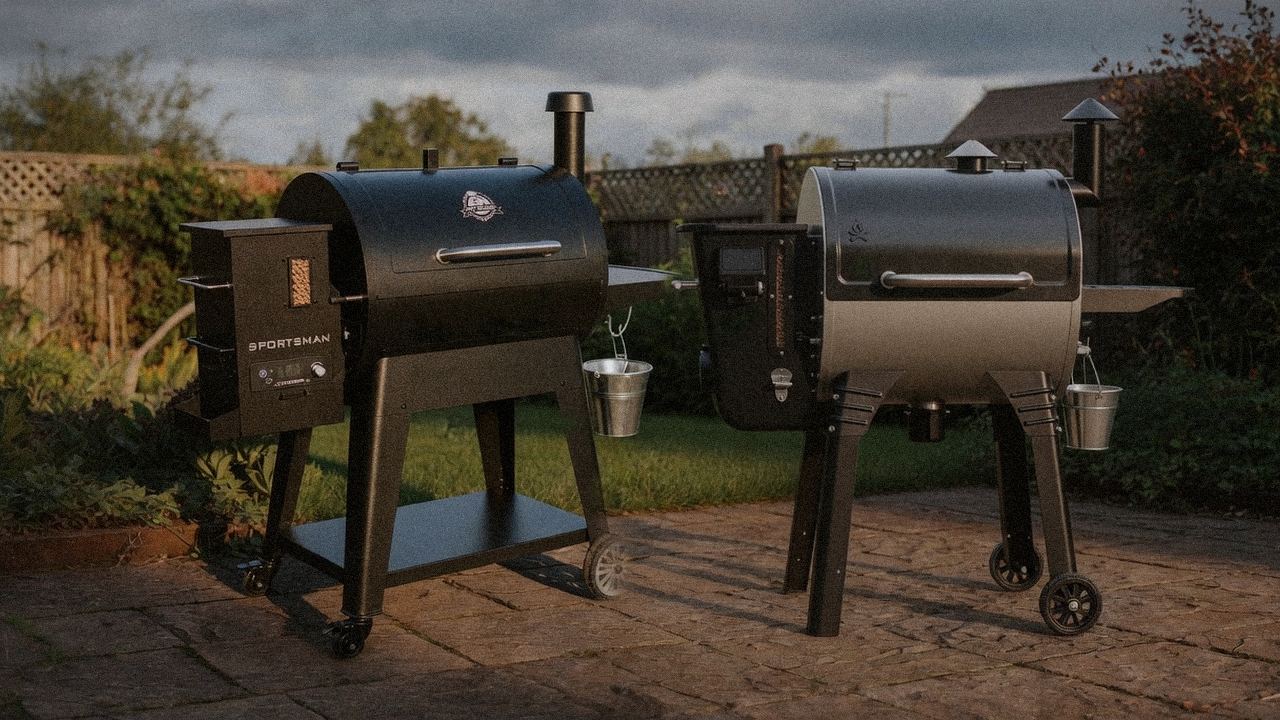 Pit Boss Sportsman beside Camp Chef Woodwind Pro, official product photography on a dark steel panel