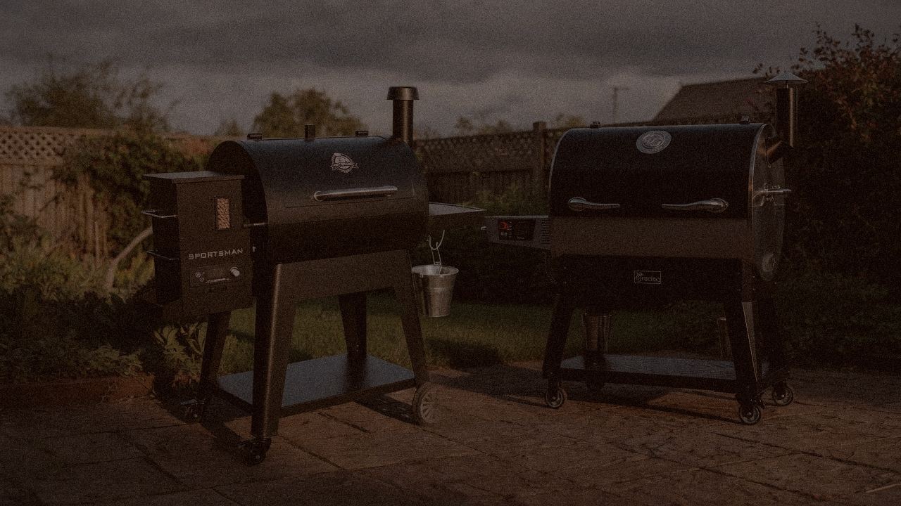 Pit Boss Sportsman beside recteq Flagship 1600, official product photography on a dark steel panel