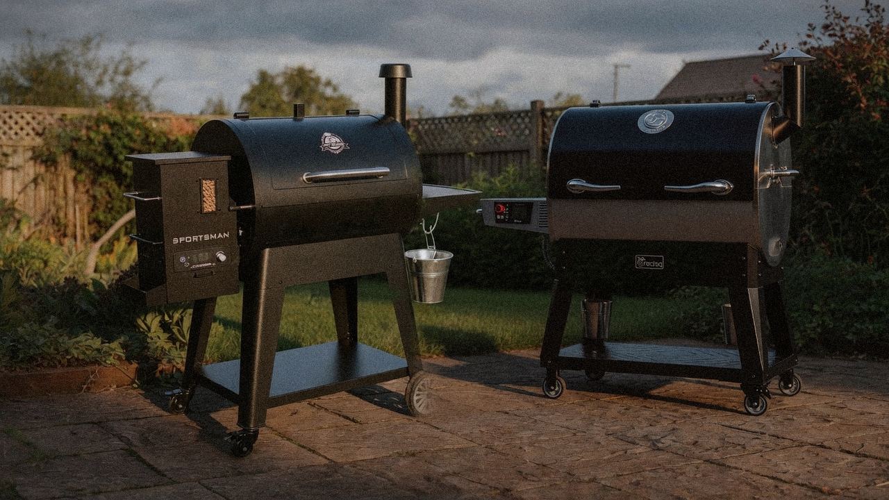 Pit Boss Sportsman beside recteq Flagship 1600, official product photography on a dark steel panel
