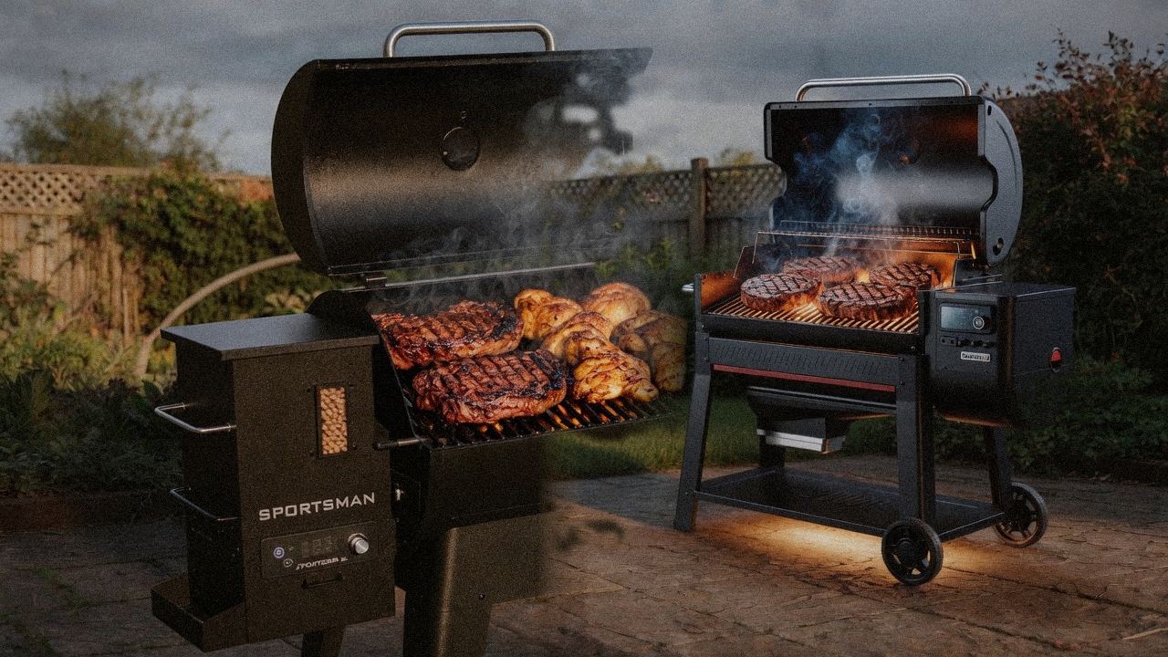 Pit Boss Pro Series 850 beside Weber Searwood XL 600, official product photography on a dark steel panel