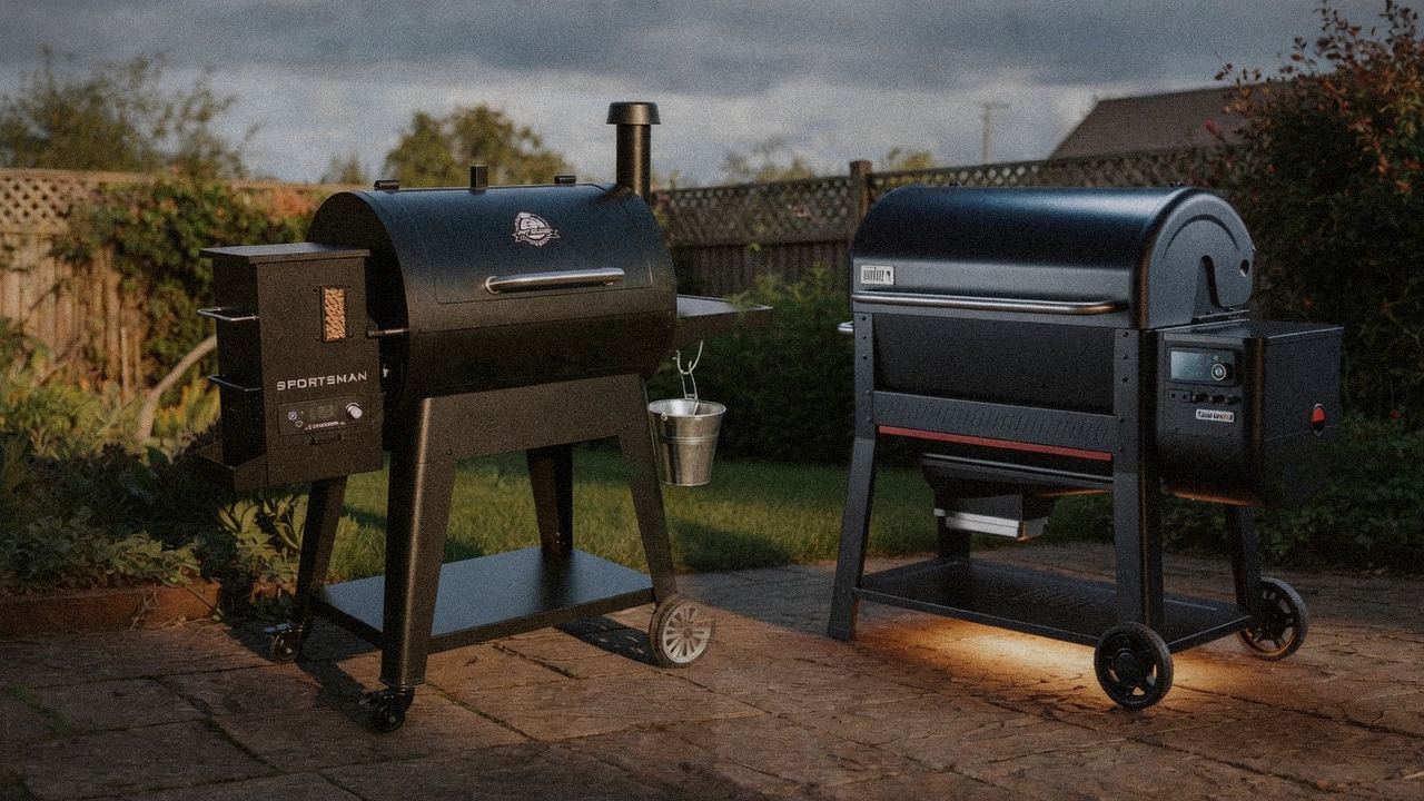 Pit Boss Pro Series 850 beside Weber Searwood XL 600, official product photography on a dark steel panel